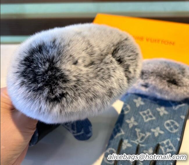 Best Grade Louis Vuitton Fur, Denim and Leather Gloves 1023 Blue 2024