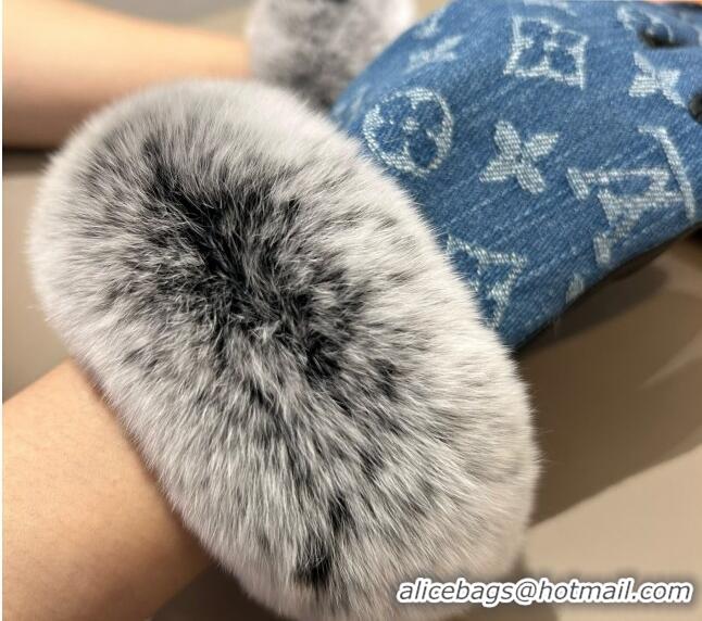 Best Grade Louis Vuitton Fur, Denim and Leather Gloves 1023 Blue 2024