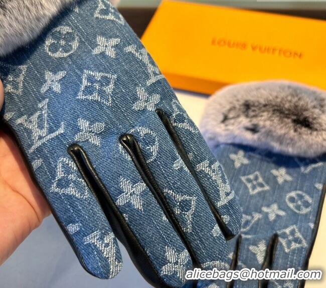 Best Grade Louis Vuitton Fur, Denim and Leather Gloves 1023 Blue 2024