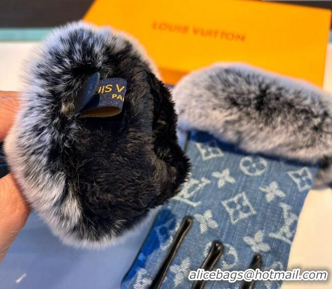 Best Grade Louis Vuitton Fur, Denim and Leather Gloves 1023 Blue 2024