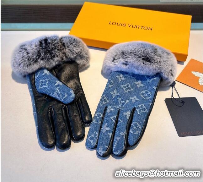 Best Grade Louis Vuitton Fur, Denim and Leather Gloves 1023 Blue 2024