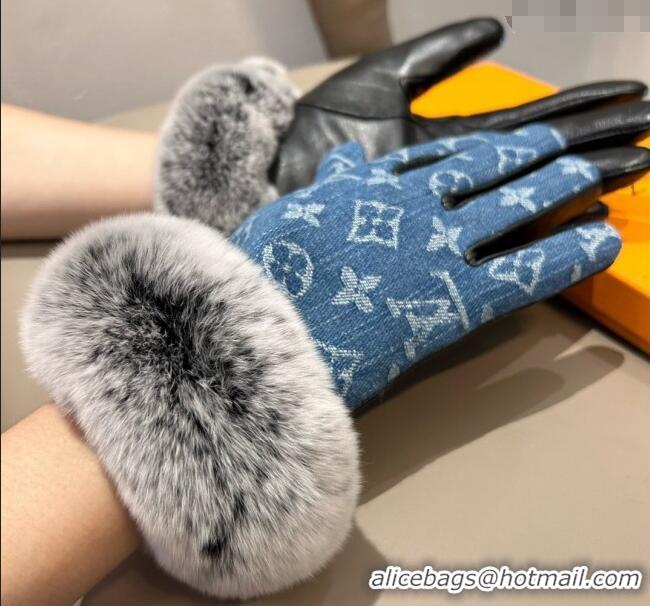 Best Grade Louis Vuitton Fur, Denim and Leather Gloves 1023 Blue 2024