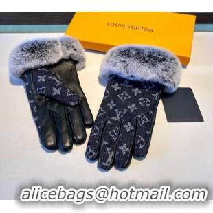 Inexpensive Louis Vuitton Fur, Denim and Leather Gloves 1023 Deep Blue 2024