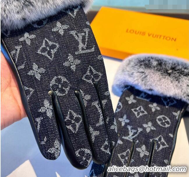 Inexpensive Louis Vuitton Fur, Denim and Leather Gloves 1023 Deep Blue 2024