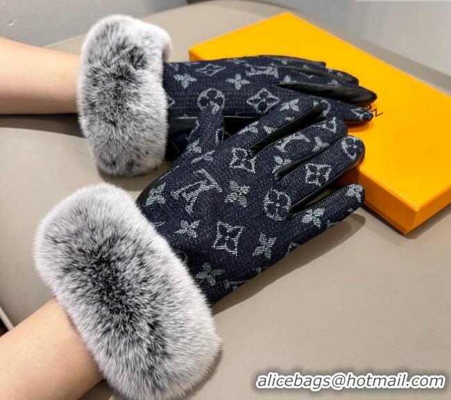 Inexpensive Louis Vuitton Fur, Denim and Leather Gloves 1023 Deep Blue 2024