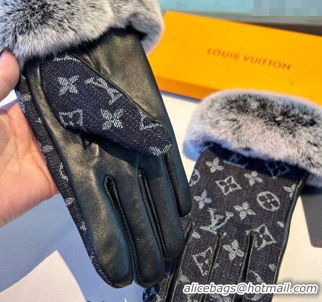 Inexpensive Louis Vuitton Fur, Denim and Leather Gloves 1023 Deep Blue 2024