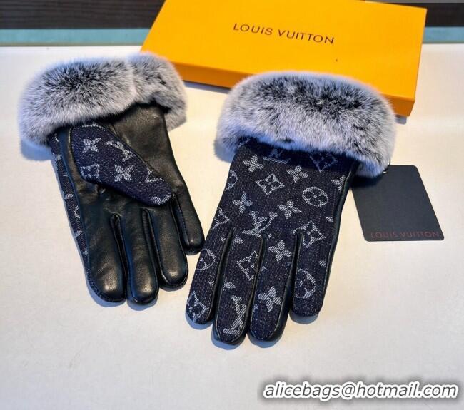 Inexpensive Louis Vuitton Fur, Denim and Leather Gloves 1023 Deep Blue 2024