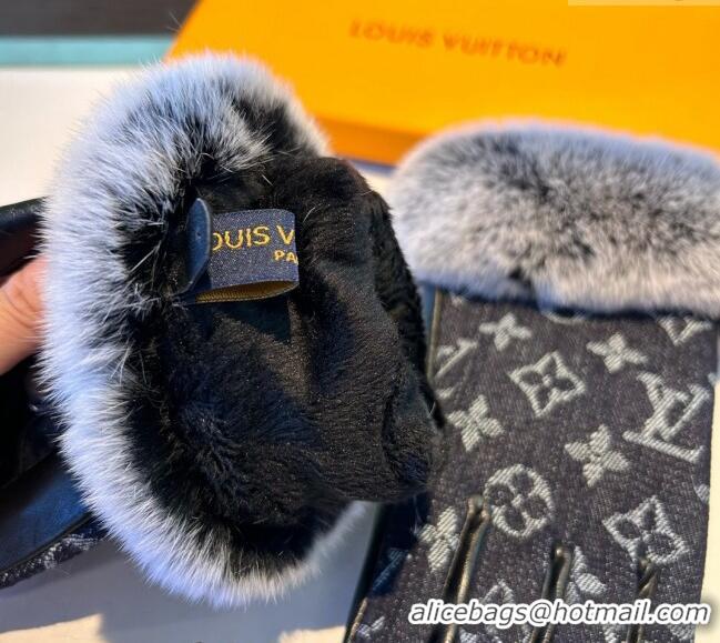 Inexpensive Louis Vuitton Fur, Denim and Leather Gloves 1023 Deep Blue 2024