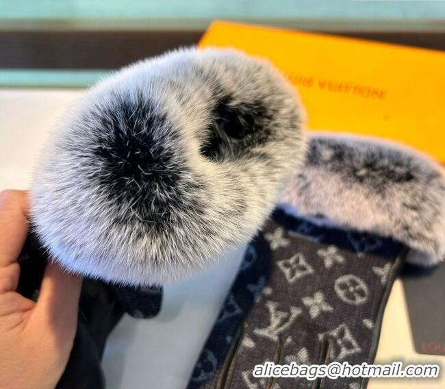 Inexpensive Louis Vuitton Fur, Denim and Leather Gloves 1023 Deep Blue 2024