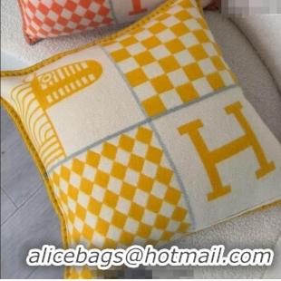 Luxury Cheap Hermes Avalon Animaux Nattes Wool Cashmere Pillow 45x45cm HS091032 Yellow 2025