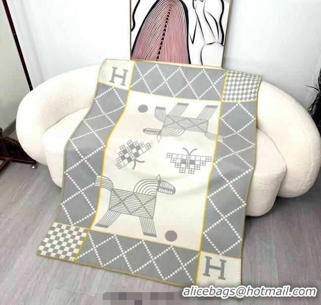 Best Quality Hermes Children Avalon Animaux Nattes Wool Cashmere Blanket 100x140cm HS091032 Grey 2025