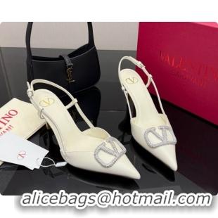 Popular Style Valentino VLogo Signature Slingbacks Pump 8.5cm in Nappa Leather with Strass White 1215078