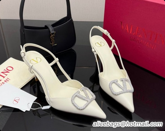 Popular Style Valentino VLogo Signature Slingbacks Pump 8.5cm in Nappa Leather with Strass White 1215078