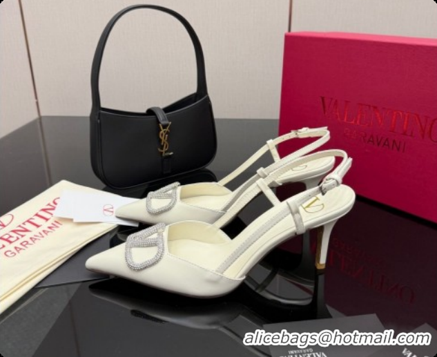 Popular Style Valentino VLogo Signature Slingbacks Pump 8.5cm in Nappa Leather with Strass White 1215078