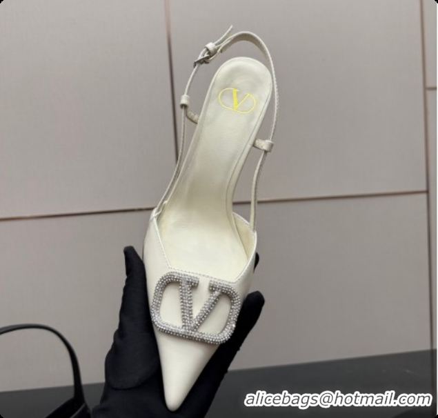 Popular Style Valentino VLogo Signature Slingbacks Pump 8.5cm in Nappa Leather with Strass White 1215078