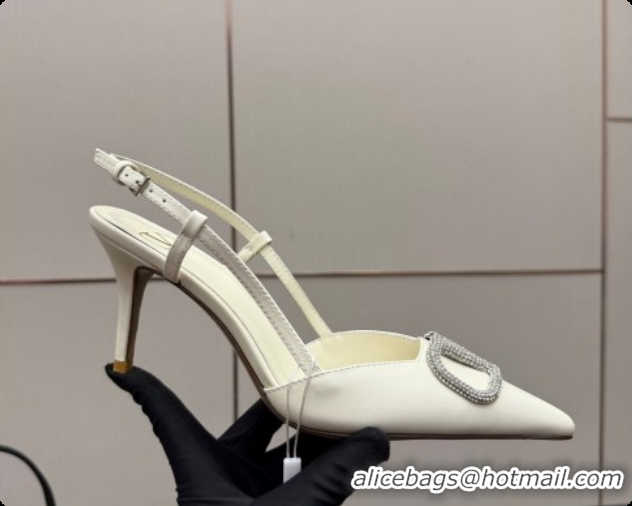 Popular Style Valentino VLogo Signature Slingbacks Pump 8.5cm in Nappa Leather with Strass White 1215078
