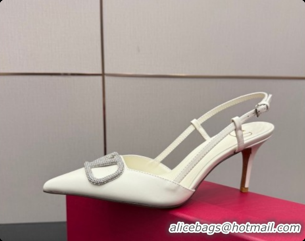 Popular Style Valentino VLogo Signature Slingbacks Pump 8.5cm in Nappa Leather with Strass White 1215078