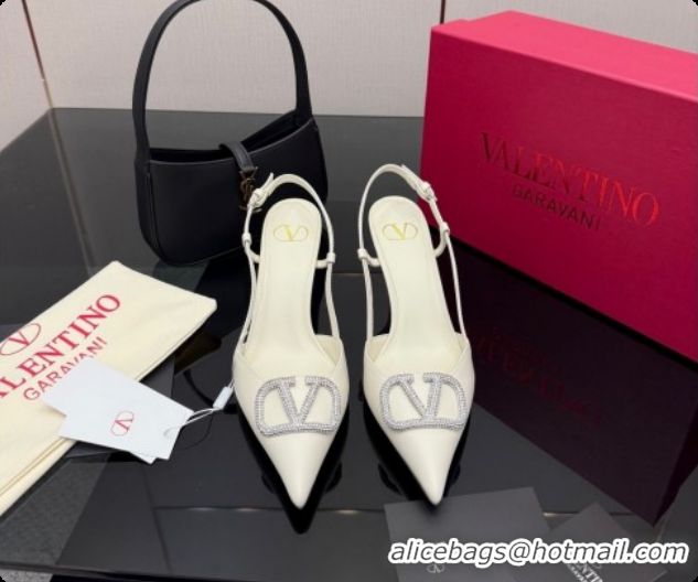 Popular Style Valentino VLogo Signature Slingbacks Pump 8.5cm in Nappa Leather with Strass White 1215078