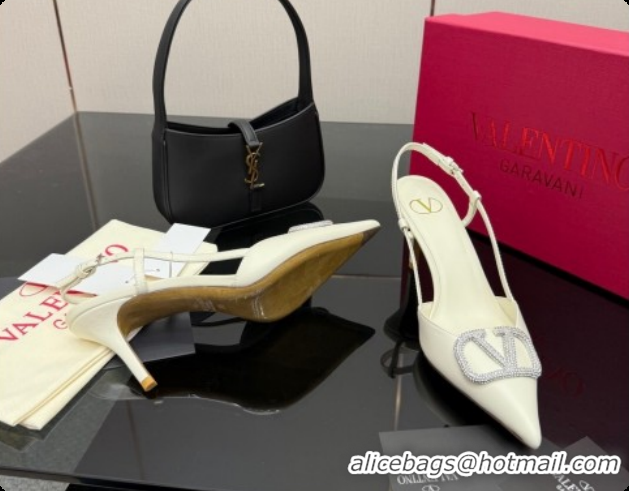 Popular Style Valentino VLogo Signature Slingbacks Pump 8.5cm in Nappa Leather with Strass White 1215078