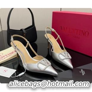 Classic Hot Valentino VLogo Signature Slingbacks Pump 8.5cm in Laminated Nappa Leather with Strass Silver 1215079