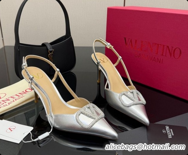 Classic Hot Valentino VLogo Signature Slingbacks Pump 8.5cm in Laminated Nappa Leather with Strass Silver 1215079