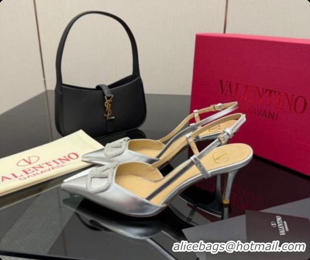 Classic Hot Valentino VLogo Signature Slingbacks Pump 8.5cm in Laminated Nappa Leather with Strass Silver 1215079