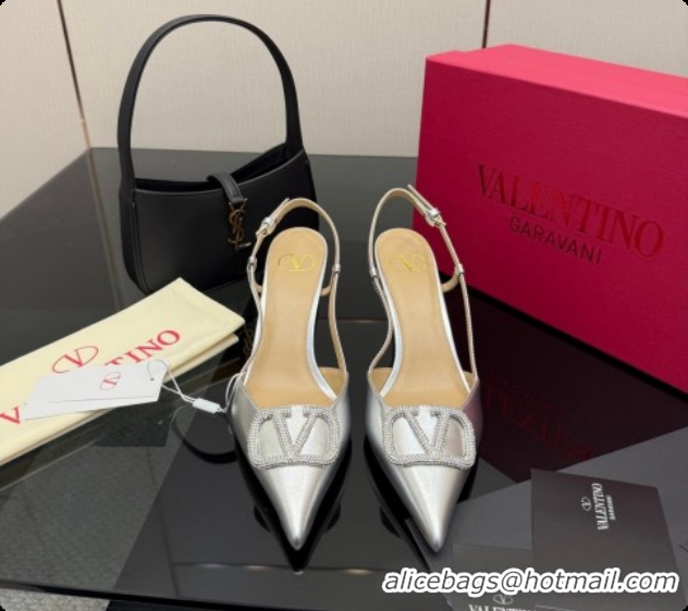 Classic Hot Valentino VLogo Signature Slingbacks Pump 8.5cm in Laminated Nappa Leather with Strass Silver 1215079