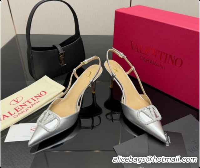 Classic Hot Valentino VLogo Signature Slingbacks Pump 8.5cm in Laminated Nappa Leather with Strass Silver 1215079