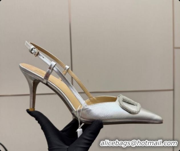 Classic Hot Valentino VLogo Signature Slingbacks Pump 8.5cm in Laminated Nappa Leather with Strass Silver 1215079