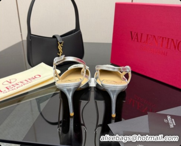 Classic Hot Valentino VLogo Signature Slingbacks Pump 8.5cm in Laminated Nappa Leather with Strass Silver 1215079
