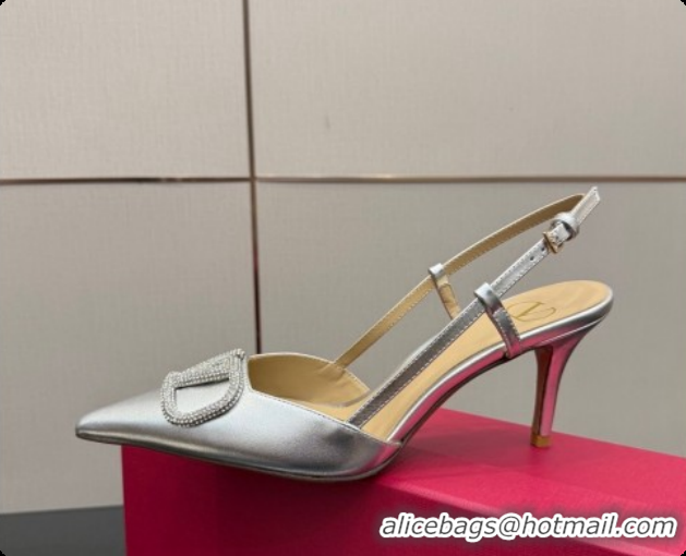Classic Hot Valentino VLogo Signature Slingbacks Pump 8.5cm in Laminated Nappa Leather with Strass Silver 1215079