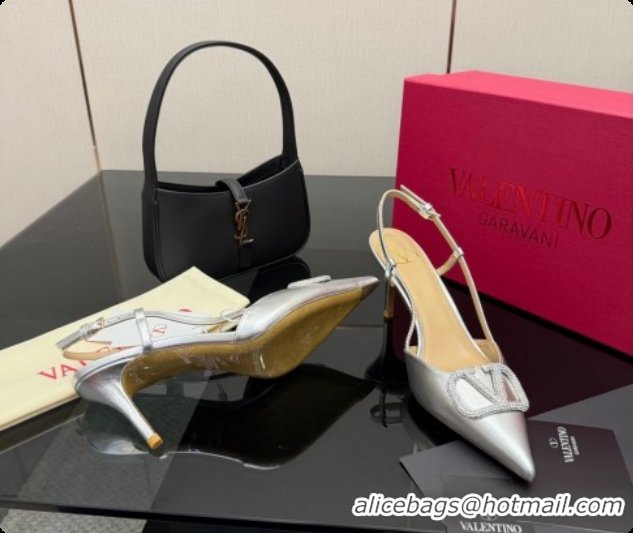 Classic Hot Valentino VLogo Signature Slingbacks Pump 8.5cm in Laminated Nappa Leather with Strass Silver 1215079