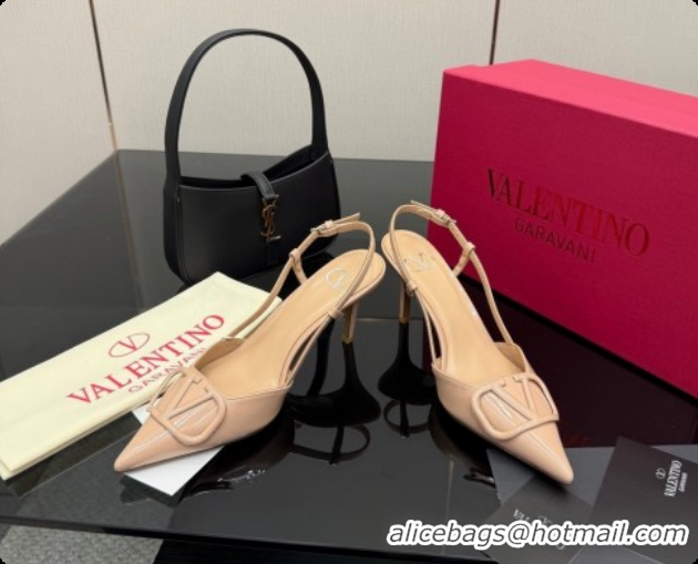 Best Grade Valentino VLogo Signature Slingbacks Pump 8.5cm in Patent Leather Nude Pink 1215085