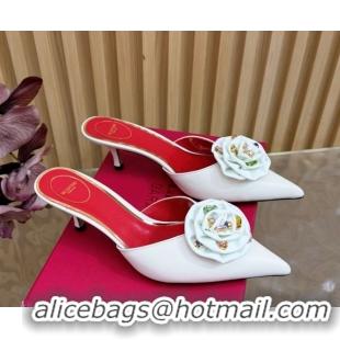 Good Quality Valentino Calfskin Leather Heel Mules 5.5cm with Strass Stones and Rose Blossom White 2025 VLTN121503 12150