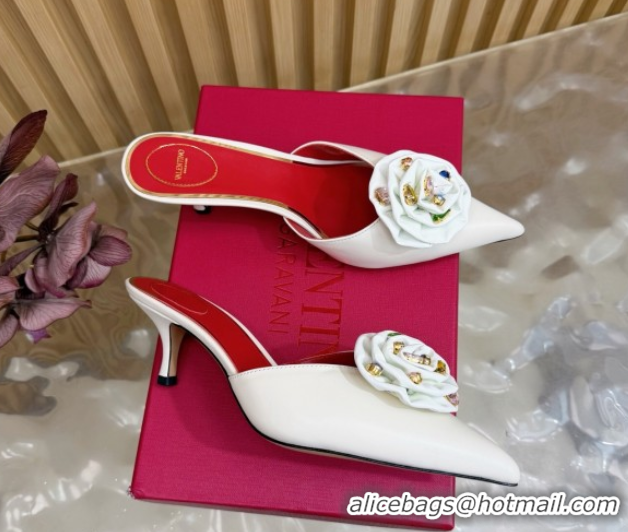 Good Quality Valentino Calfskin Leather Heel Mules 5.5cm with Strass Stones and Rose Blossom White 2025 VLTN121503 12150