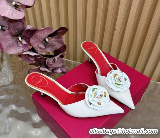 Good Quality Valentino Calfskin Leather Heel Mules 5.5cm with Strass Stones and Rose Blossom White 2025 VLTN121503 12150