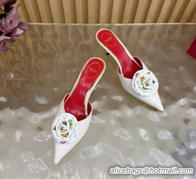 Good Quality Valentino Calfskin Leather Heel Mules 5.5cm with Strass Stones and Rose Blossom White 2025 VLTN121503 12150