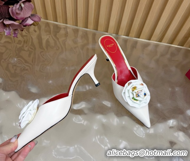Good Quality Valentino Calfskin Leather Heel Mules 5.5cm with Strass Stones and Rose Blossom White 2025 VLTN121503 12150