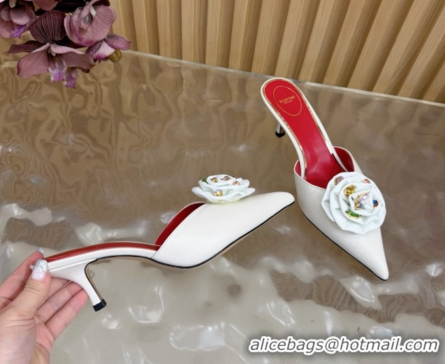 Good Quality Valentino Calfskin Leather Heel Mules 5.5cm with Strass Stones and Rose Blossom White 2025 VLTN121503 12150
