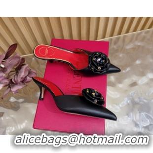 Pretty Style Valentino Calfskin Leather Heel Mules 5.5cm with Strass Stones and Rose Blossom Black 2025 VLTN121503 12150