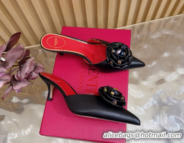 Pretty Style Valentino Calfskin Leather Heel Mules 5.5cm with Strass Stones and Rose Blossom Black 2025 VLTN121503 12150