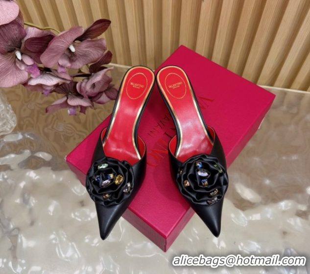 Pretty Style Valentino Calfskin Leather Heel Mules 5.5cm with Strass Stones and Rose Blossom Black 2025 VLTN121503 12150