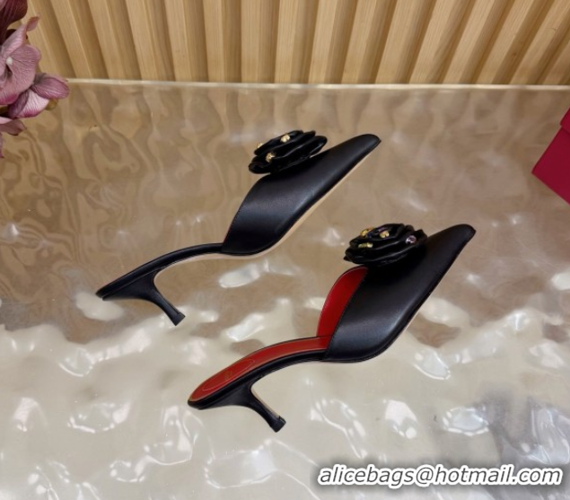 Pretty Style Valentino Calfskin Leather Heel Mules 5.5cm with Strass Stones and Rose Blossom Black 2025 VLTN121503 12150