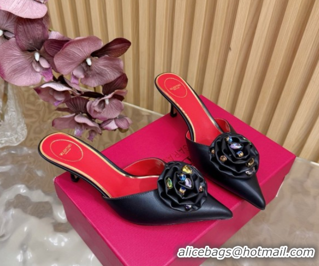 Pretty Style Valentino Calfskin Leather Heel Mules 5.5cm with Strass Stones and Rose Blossom Black 2025 VLTN121503 12150