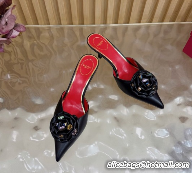 Pretty Style Valentino Calfskin Leather Heel Mules 5.5cm with Strass Stones and Rose Blossom Black 2025 VLTN121503 12150