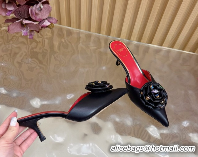Pretty Style Valentino Calfskin Leather Heel Mules 5.5cm with Strass Stones and Rose Blossom Black 2025 VLTN121503 12150