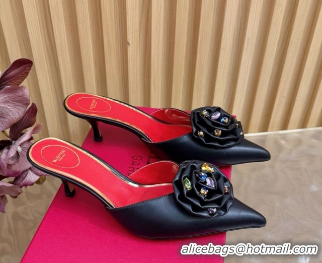 Pretty Style Valentino Calfskin Leather Heel Mules 5.5cm with Strass Stones and Rose Blossom Black 2025 VLTN121503 12150