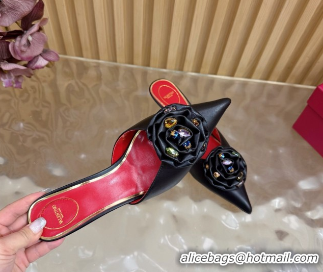 Pretty Style Valentino Calfskin Leather Heel Mules 5.5cm with Strass Stones and Rose Blossom Black 2025 VLTN121503 12150