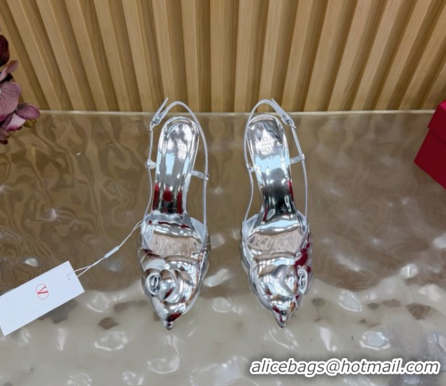 Classic Hot Valentino Calfskin Leather Slingbacks Pump 9.5cm with Rose Blossom Silver VLTN121504 1215091