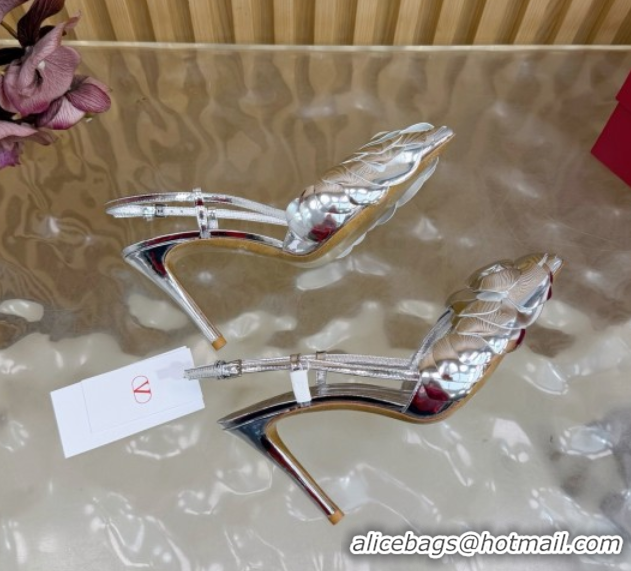 Classic Hot Valentino Calfskin Leather Slingbacks Pump 9.5cm with Rose Blossom Silver VLTN121504 1215091
